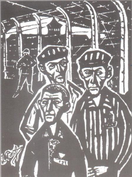 Des hommes dans le camp de Birkenau